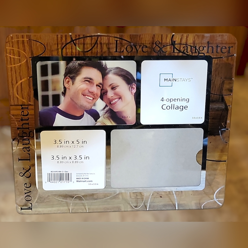 Vtg Mainstay Clear Glass Gold Accents Black Lettering Picture Frame 4 Opening